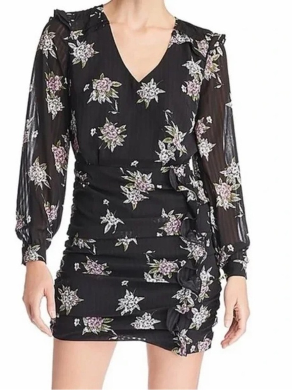 HEARTLOOM Anthea Black Floral Print Sheer-Sleeve Ruffle Ruched Mini Dress NEW